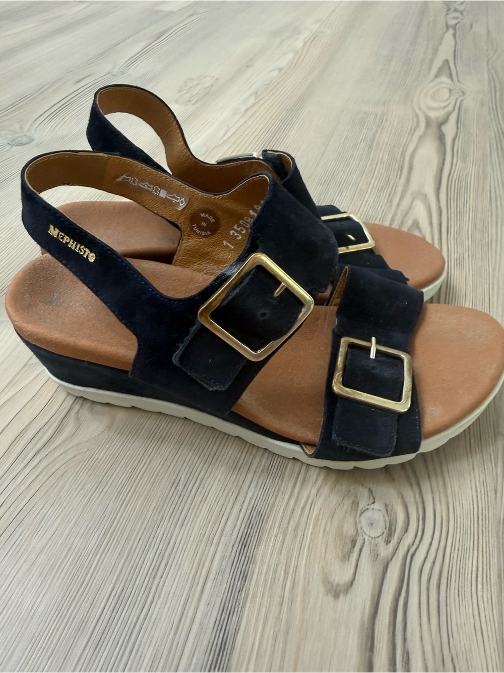 Mephisto Navy Cork Wedge Sandal with Gold Buckles - Picture 2 of 6